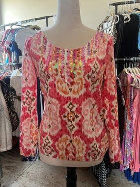 Boston Proper Pink Tie-Dye long sleeve Top